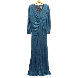 Adrianna Papell Teal Metallic‎ Mesh Draped Long Sleeve Gown Size 6
